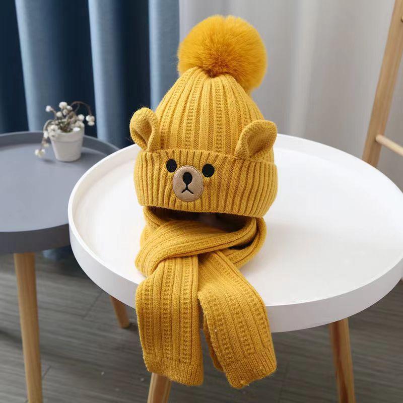 Autumn and Winter Children's Hat Boy Bear Wool Hat Girl Knitted Cotton Warm Baby Hat Scarf Two-piece Set