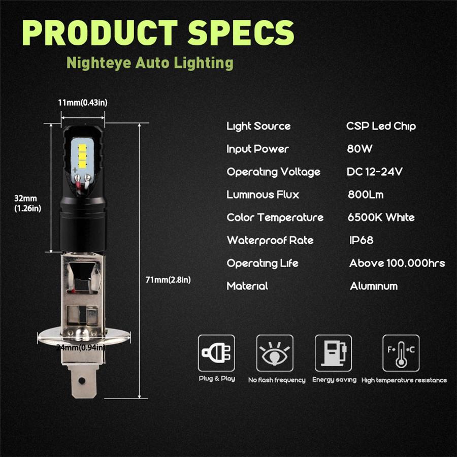 2Pcs 80W H1 LED Light Bulbs For Car DRL Daytime Driving Fog Lights 6000K White