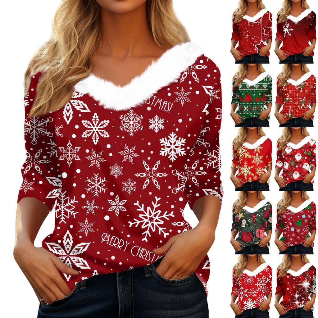 Женская мода с длинным рукавом и рождественским принтом, праздничный воротник, V-образный вырез