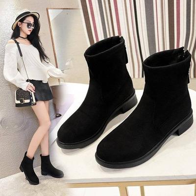 Корейская версия Плоская подошва Короткие Трубчатые Эластичные Сапоги Молния Сзади Плюс Кашемир Британский Стиль Короткие Сапоги Женский Стиль Колледжа