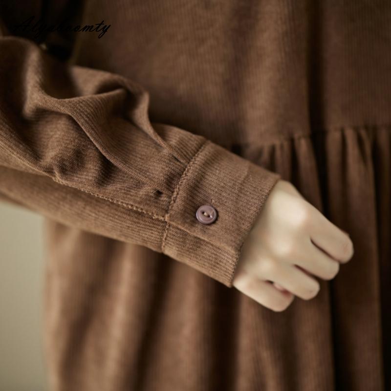 Плюс размер осень-весна женское платье большого размера с воротником Питера Пэна черно-зеленое кофейное повседневное свободное платье винтажное вельветовое платье с длинным рукавом