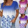 2024 Women's Floral Print T-Shirt Square Neck Pleated Short Sleeve Pullover Top Ladies Summer Casual T-Shirt Vacation Shirts