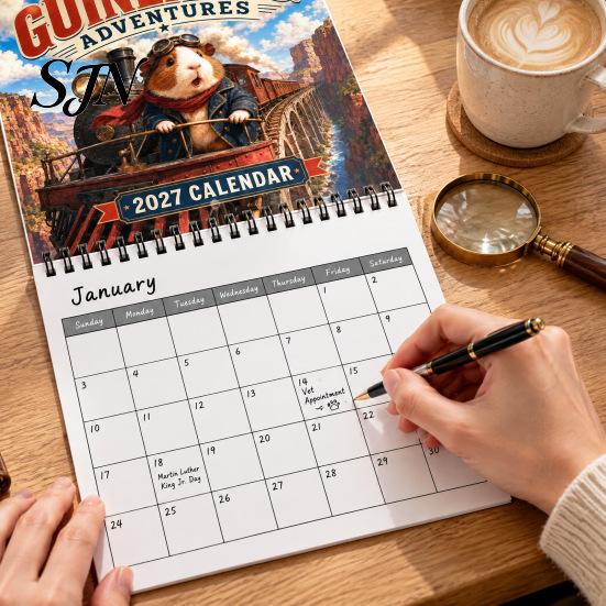 Personalized Gift for Pet Owners 2027 Guinea Pig Adventures Wall Calendar, Cute 12 Monthly Planner with Thick Paper Calendar Imaginative Scenes,