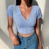 Women's  Summer Retro Floral V-Neck Slim Fit Crop Top T-Shirt KTB