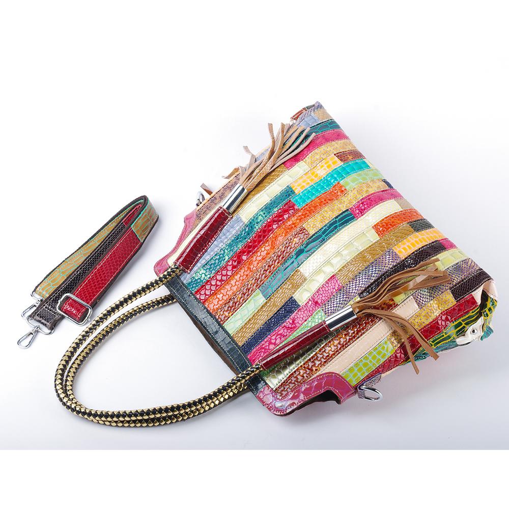 Authentic Leather Women's Tote  Snake Pattern  Shiny Leather  Stripes  Contrast Color  Tassel  Shoulder Bag