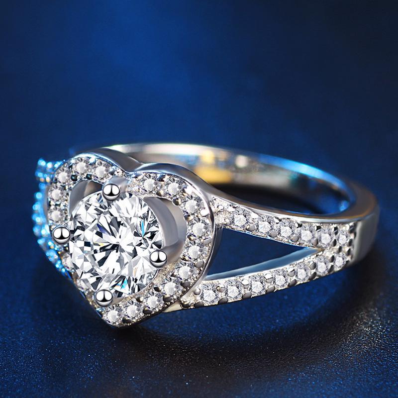 European and American White Copper Jewelry Micro Inlaid Ring Love Heart Ring Imitation Diamond Ring Women's Classic Style