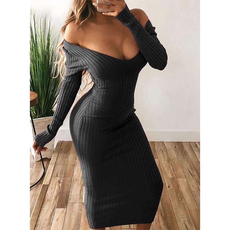 Uzun Yengli V-bo'yinli Bodycon Qovurg'ali Trikotaj Ko'ylak Ayollar Bir Rangli Slim Kundalik Midi Ayollar Kiyimi