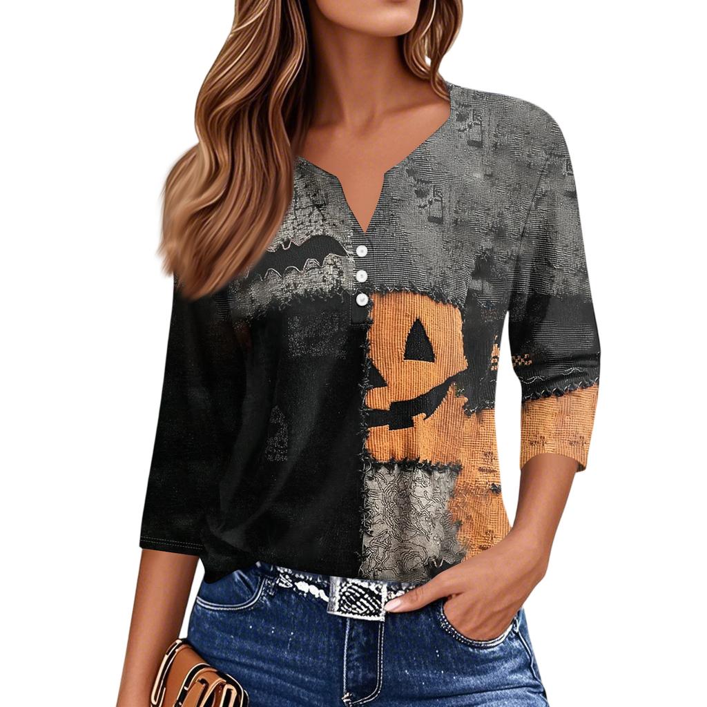 Women's Fashion Button-Up V-Neck Three-Quarter Sleeve Halloween Print Top