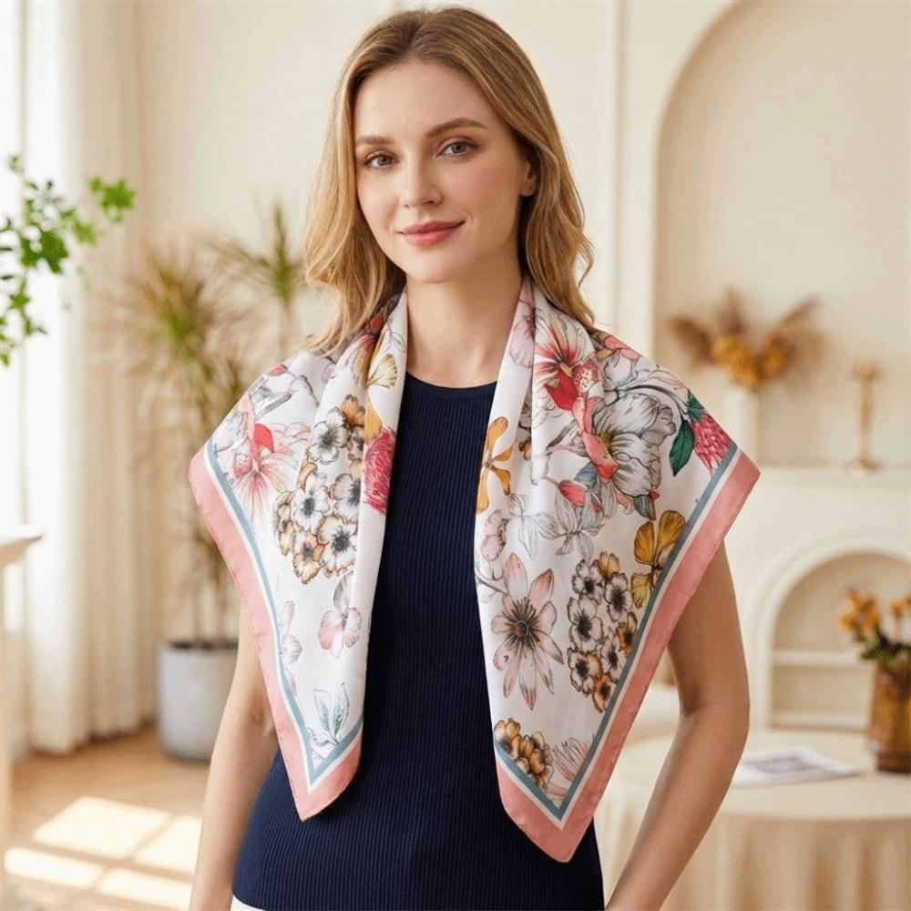 Floral Print Square Silk Scarf Soft Hijab Scarf Hair Band Neckerchief Scarf Beach