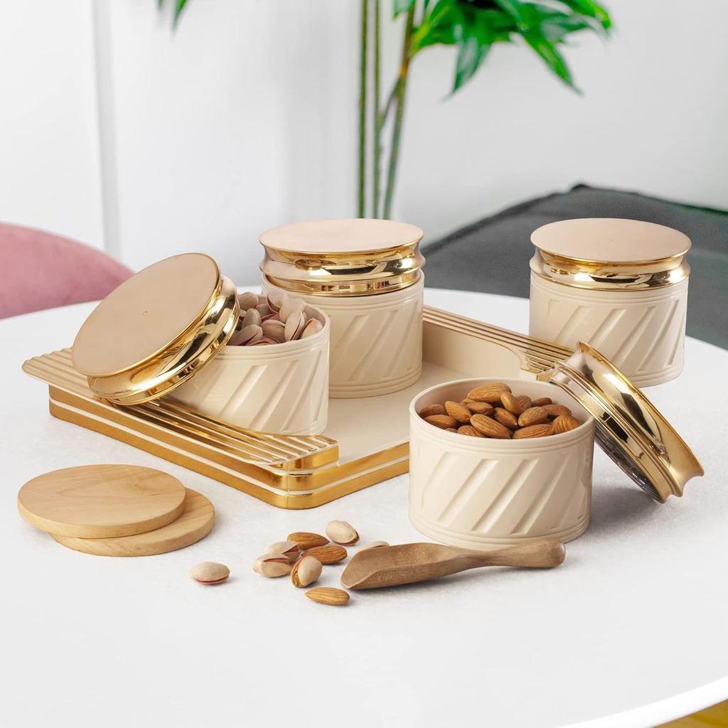Tight Dry Fruit Container Tray Set with Lid & Serving Tray, Airtight Container Set 430ml (4 Pieces, Polypropylene) (Elegance Ivory)
