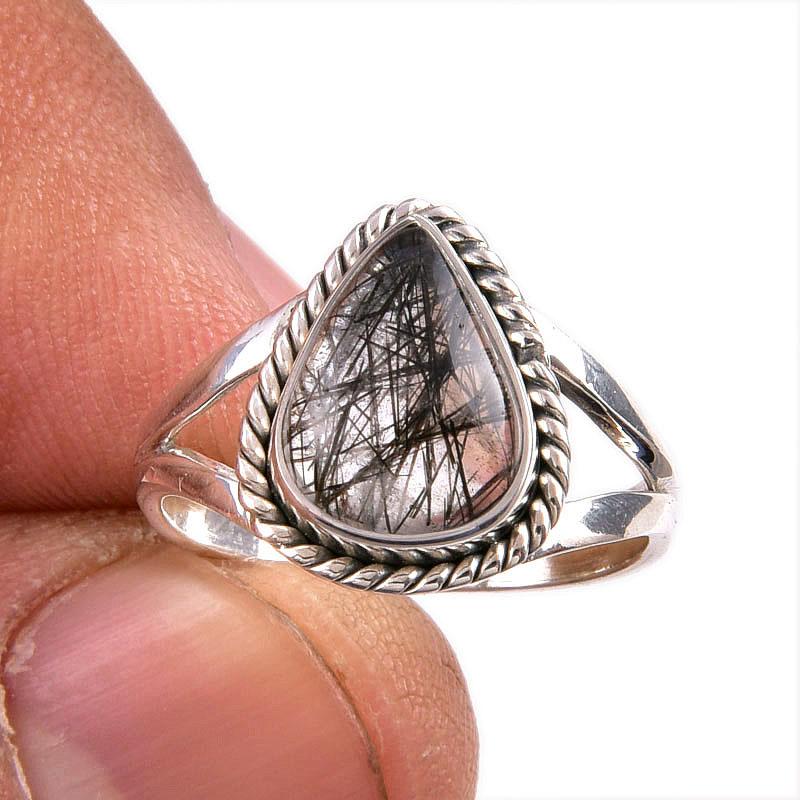 Natural Black Rutile Gemstone 925 Solid Sterling Silver Jewelry Ring Size 6 W2U90