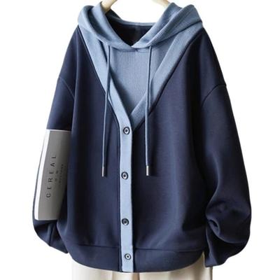 Модная и универсальная толстовка с капюшоном из двух частей для женщин, контрастный простой топ на пуговицах