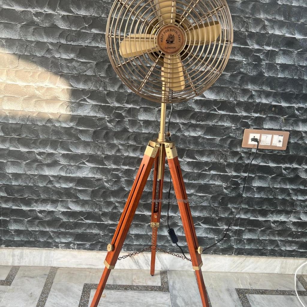 Brown Antique Finish Pedestal Fan On Adjustable Wood Tripod | Stylish Electric Floor Fan |Unique Home Decor Accent Nautical Modern Twist Fan