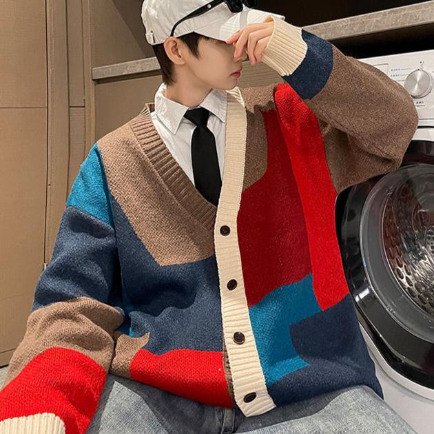 Осень и зима корейский стиль мода вязаные кардиганы свитер пэчворк цвет пара мужчины повседневные модные пальто куртка мужская одежда
