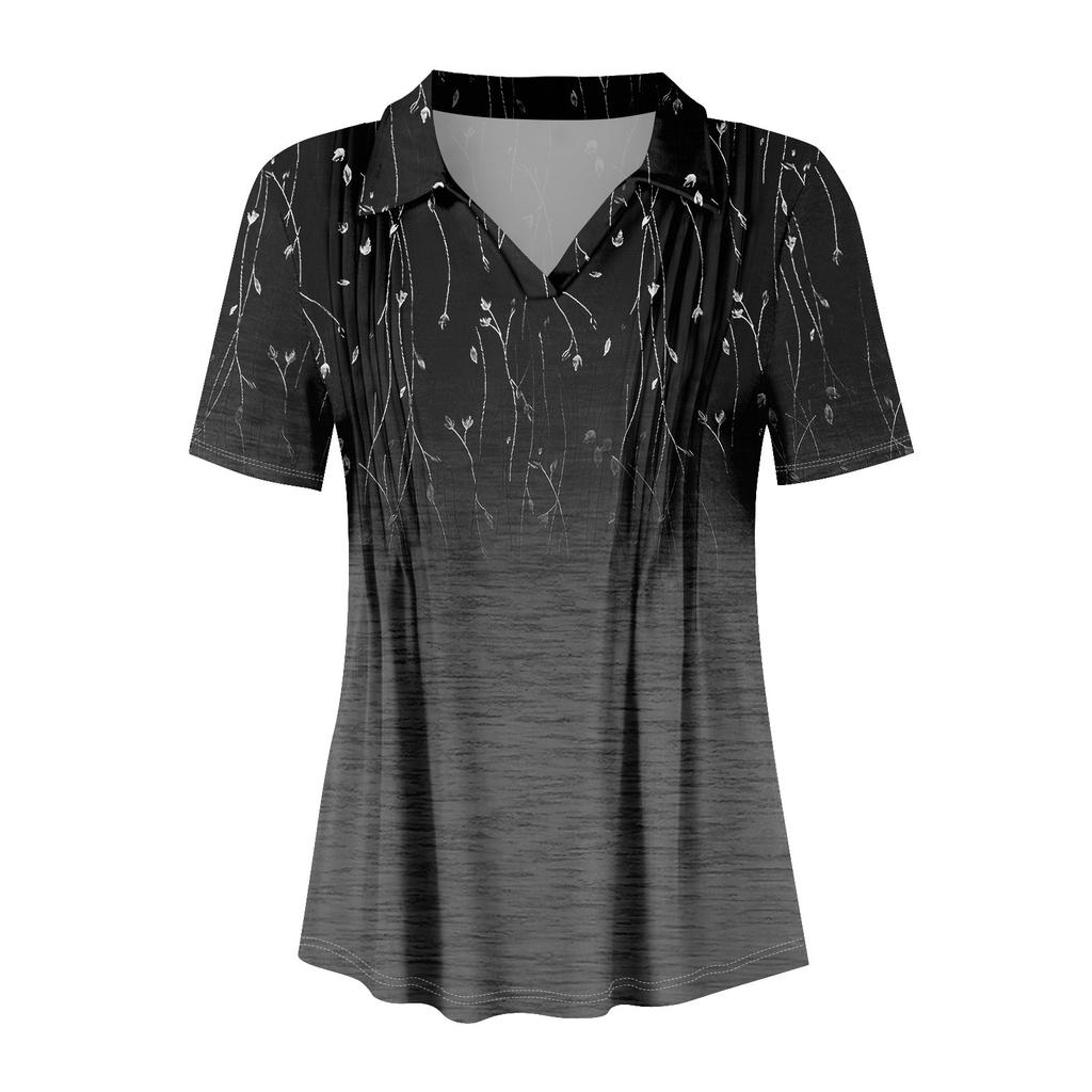 Женские футболки с коротким рукавом, плиссированные, с V-образным вырезом, с принтом, с воротником, летние топы, модные, деловые, повседневные, рабочие