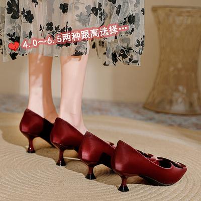Женские туфли на высоком тонком каблуке, новые красные свадебные туфли с острым носком, на маленьком каблуке, темпераментные туфли-лодочки с мелким вырезом