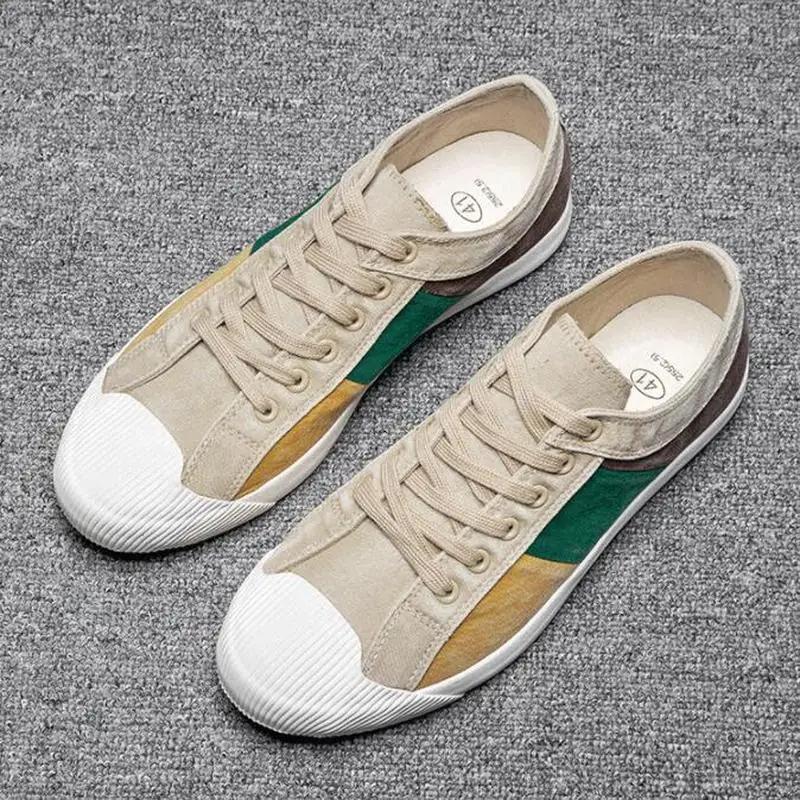 Мужская парусиновая обувь с цветными блоками, дышащая повседневная обувь, лоферы, мягкие удобные уличные туфли на плоской подошве, мужские плимсоллы на шнуровке