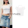 Spring and Summer New Women's Clothing Ins Style Minimalist Cotton Blend Double-Layer Design Boat Neck Short Sleeve Short Top 4174334