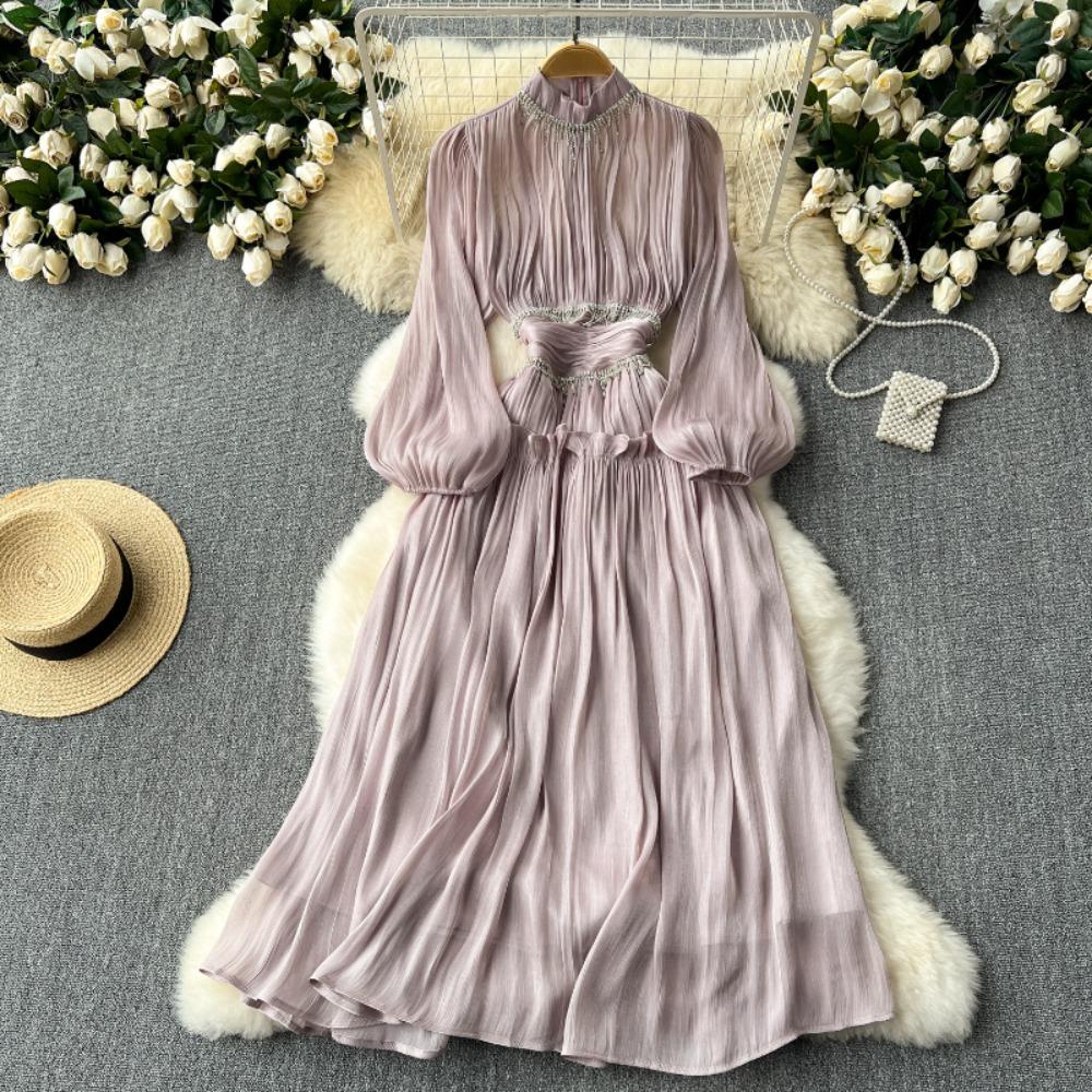 Новое элегантное платье с воротником-стойкой и рукавом-фонариком Mujer, облегающее платье с рюшами и большими качелями, тяжелый халат с кисточками и цепочкой, платье Moda во французском стиле