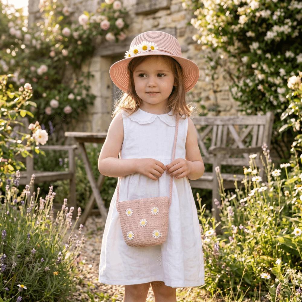 Natural Material Flower Pattern Crossbody Bag Weave Design Children Shoulder Bag Holiday