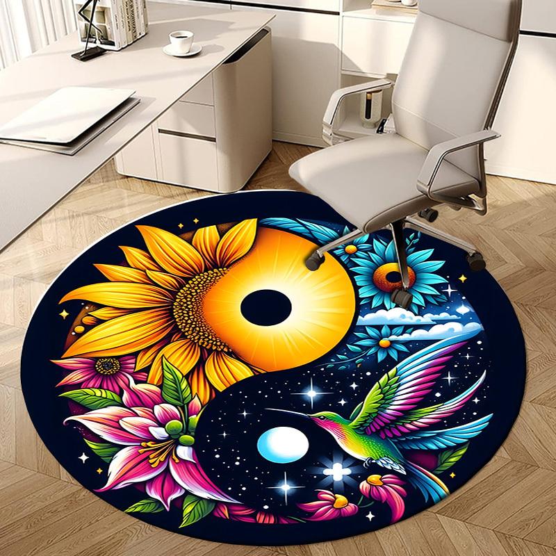 1pc Office Carpet Chair Mats Yin Yang Harmony Flowers Hummingbird Perfect for Decorating Office Chairs, Living Rooms, Or Bedrooms