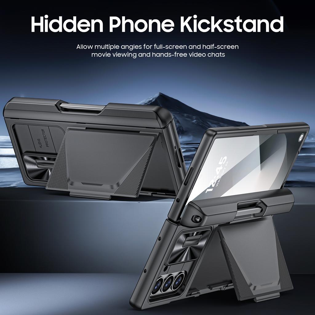 For Samsung Galaxy Z Fold 6,Back Card Pack,Integrated Pen Slot,Full Coverage 9H Protective Film,Shockproof Phone Case-Black