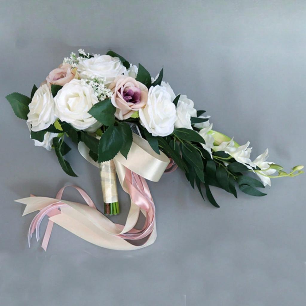 Fake Flower Bunch Wedding Bridal Bouquet Artificial Rose Flowers with Ribbons Tossing Cascading Bouquet Boho Rustic Ceremony Anniversary Decoration