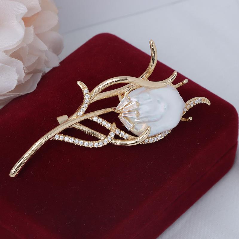 Vintage Floral Baroque Freshwater Pearl Brooch with Gold-Plated Copper and Zircon Accents