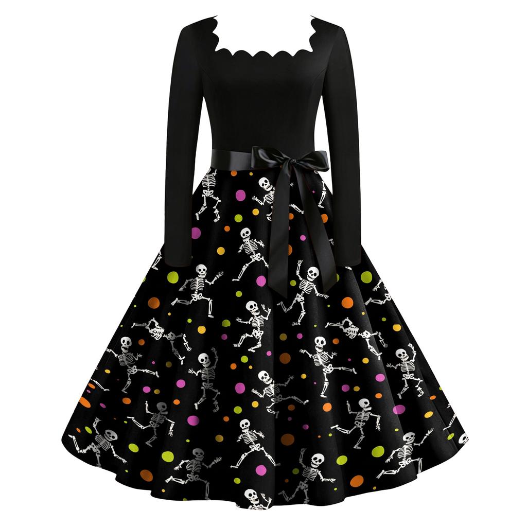 Women's Vintage Long Sleeve Square Neck Dress Halloween Skeleton Print Party Dress Retro Style Full Skirt with Waist Tie Belt
