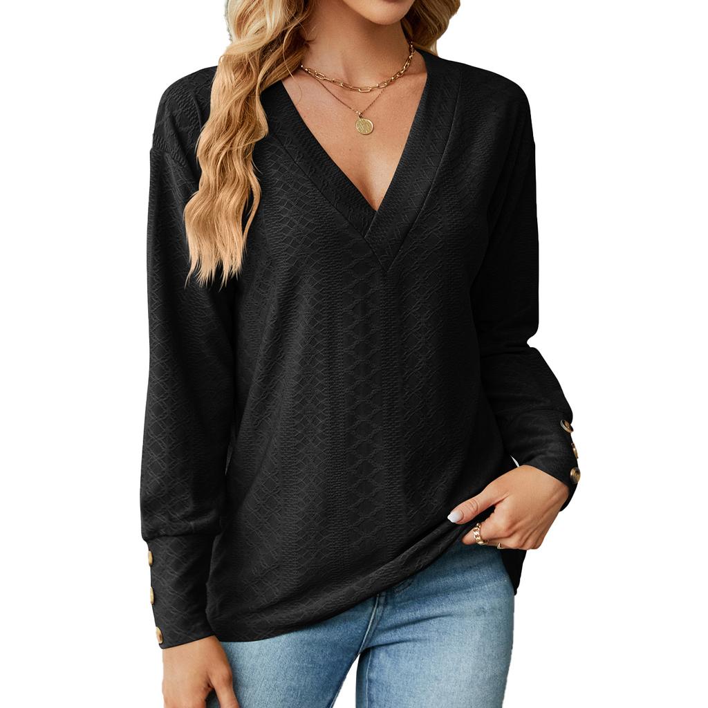 2024 Европейская и Американская осень/зима Новая однотонная свободная футболка с V-образным вырезом и пуговицами для женщин