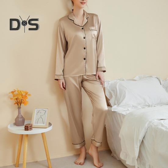 2 шт./комплект пижамный костюм атласный однобортный кардиган рубашка V-образный вырез воротник однотонная рубашка широкие свободные брюки ночная рубашка одежда для сна