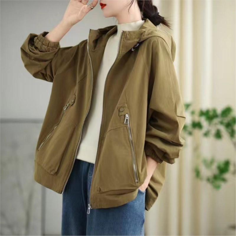 Johnature Woman Autumn Vintage Loose Casual Personality Coat Zipper Solid Color Long Sleeves Hooded Coat