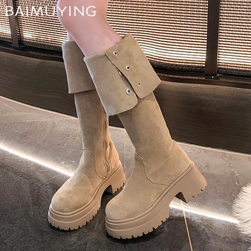 Меховые высокие сапоги на толстой платформе женские замшевые дизайнерские высокие туфли 2025 года, тренд зимы, новые модные туфли-лодочки до колена в готическом стиле Botas De Mujer
