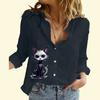 Women Fashion Buttoned Shirt Casual Thin Long Sleeve Top Ladies Cotton Linen Cat Print Shirt