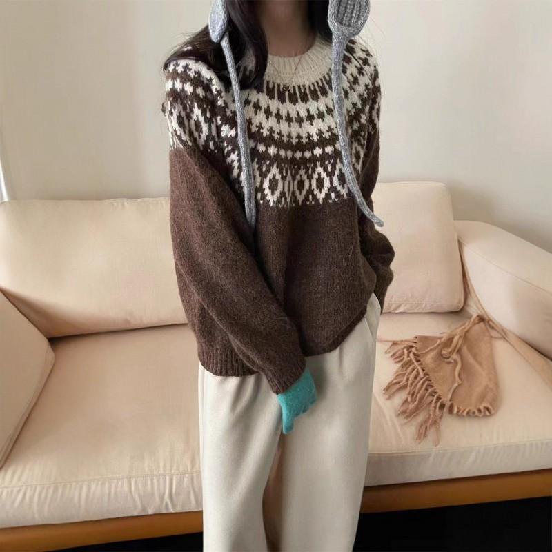 Женский объемный свитер крупной вязки в стиле Fair Isle Свободный крой Круглый вырез Длинный рукав Зимний Мягкий Теплый Пуловер