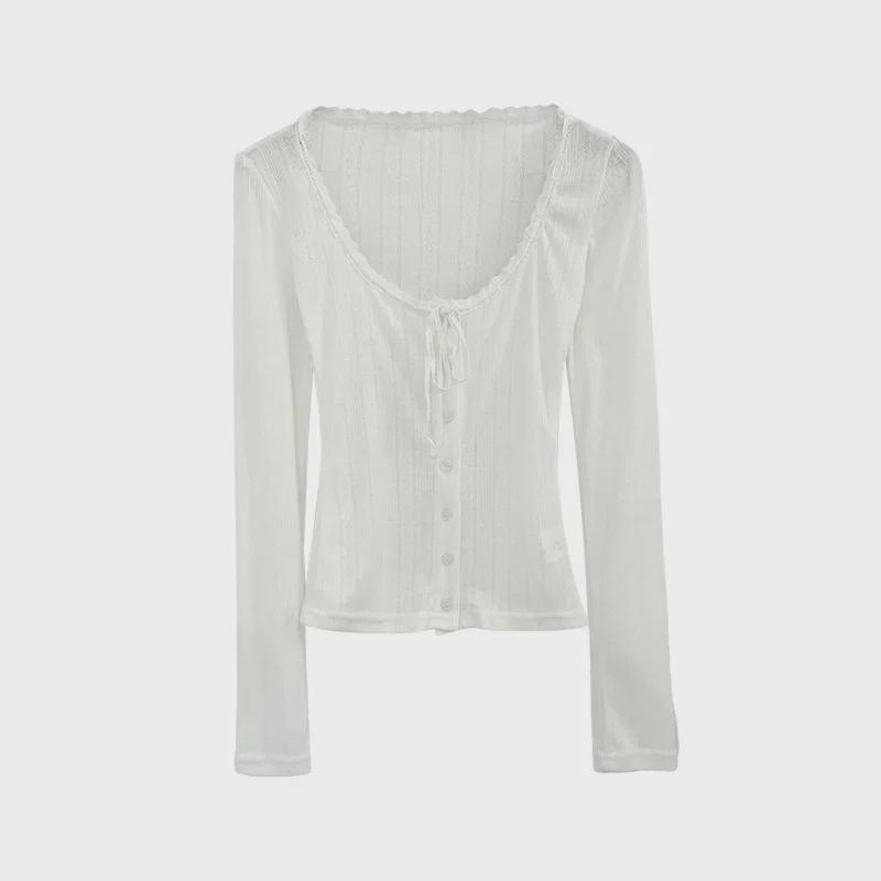 Футболка-кардиган с длинным рукавом и французским кружевом - женская весенняя коллекция