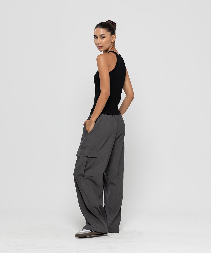 CHAMBROS Cargo Pocket Wide Double-Pleat Elastic Slacks [Gray]
