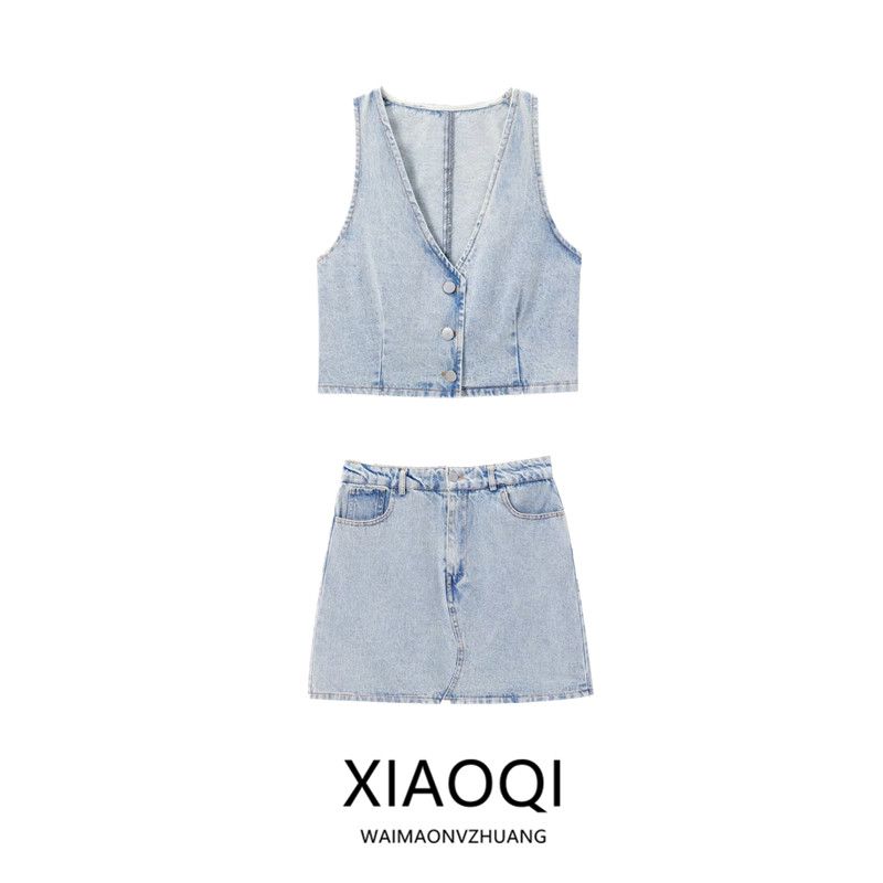 Fashion Style 2024 Summer New Arrival Women's Clothing All-Matching Sleeveless V Neck Denim Vest Mid Waist Skirt 1889163