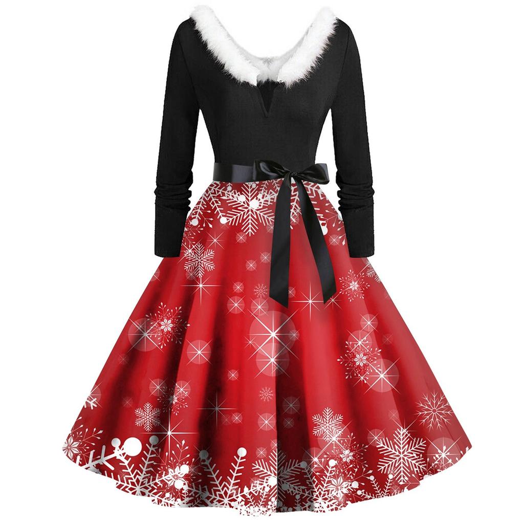 Женское винтажное платье с длинным рукавом и рождественским принтом в стиле 1950-х годов для вечеринки, выпускного вечера, для домохозяйки