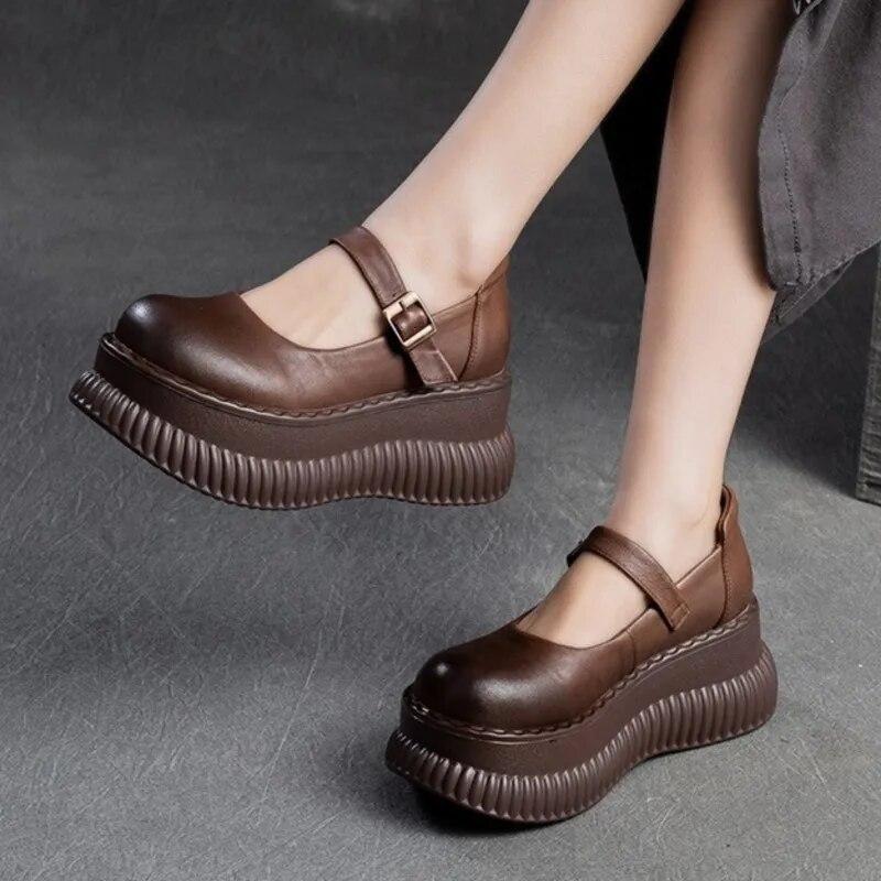 Johnature Mary Janes Shoes Genuine Leather Flat Platform Shoes Buckle Thick Soled Height Increasing Sandals