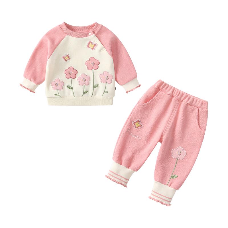 2025 Autumn Pink Floral Girls' Long Sleeve Sweatshirt & Joggers Two-Piece Set