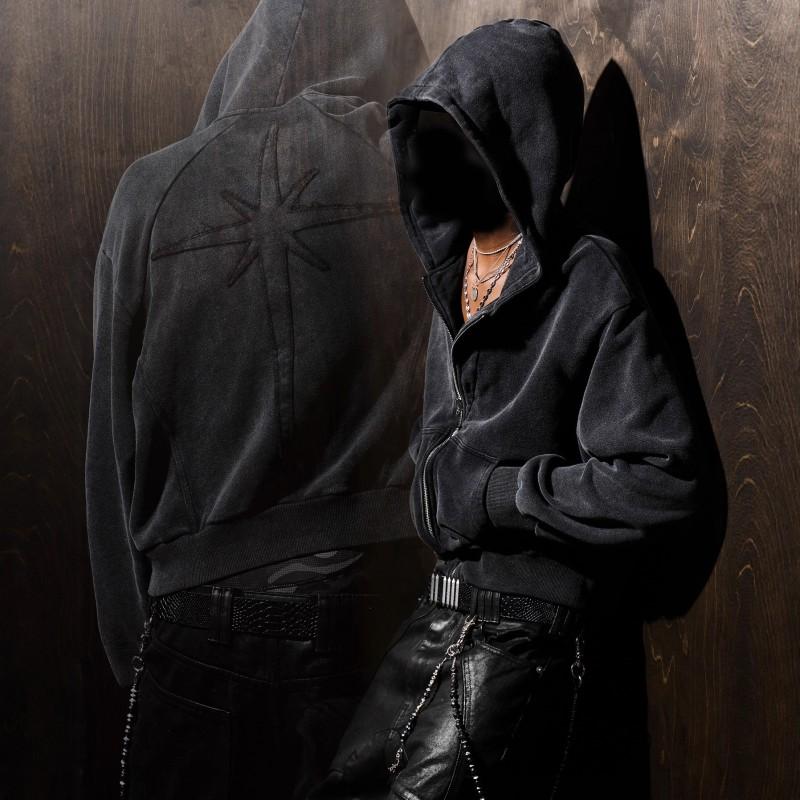 Y2K Gothic Streetwear Hooded Zip-Up Sweatshirt With Embroidered Cross Motif Womens Oversized Pullover