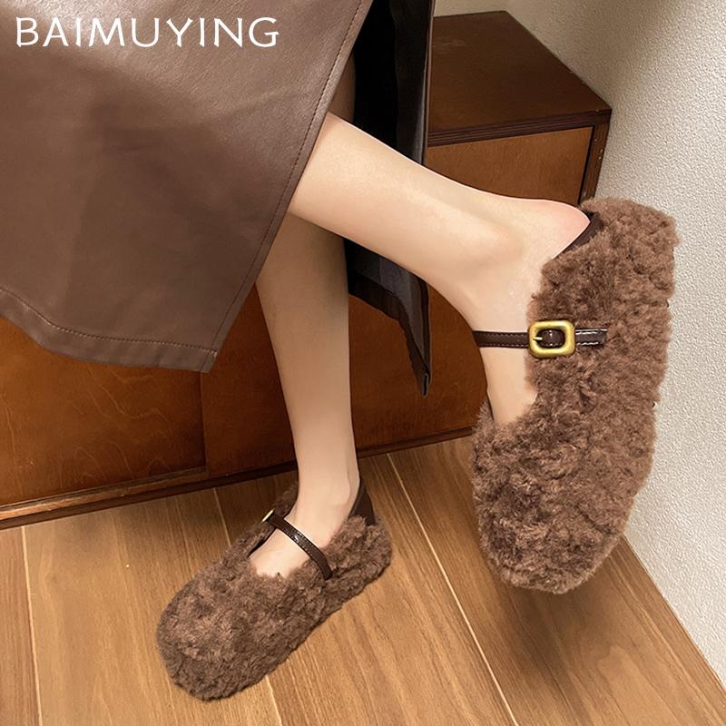 Женские туфли Мэри Джейн на платформе с леопардовым мехом, короткие туфли на плоской подошве с пряжкой из плюша, хлопковые туфли 2025 года, теплые зимние женские туфли