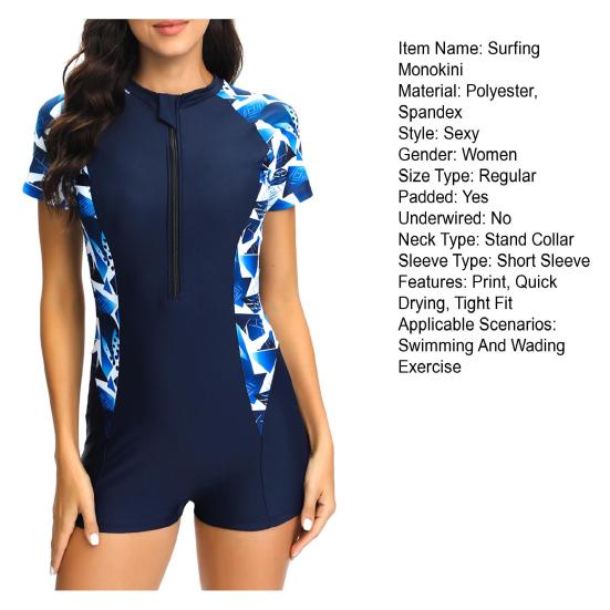 Серфинг Монокини Воротник-стойка Короткий рукав Цветной принт Слитный купальник Застежка-молния Купальник