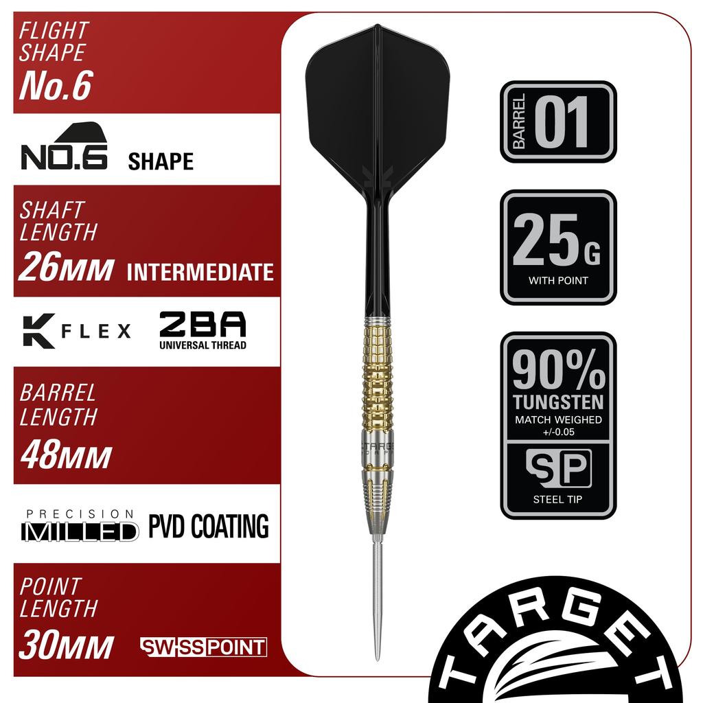 Target Japan BLACK MARQUEWARRIOR Lee Tae Kyung 90% Tungsten Steel Tip Darts Set, 25g, K-Flex No. 6 Shape Flights and Shafts, SWISS SILVER NAN