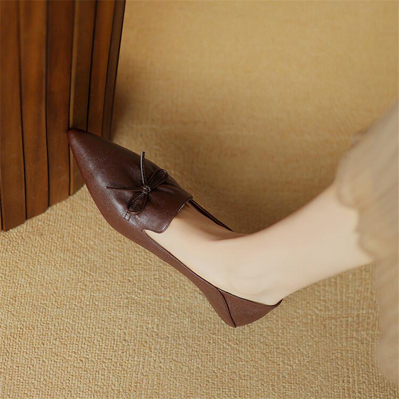 Модные новые весенние женские туфли из натуральной кожи с острым носком в французском стиле, женские туфли-лодочки с бантом, женские туфли на низком каблуке