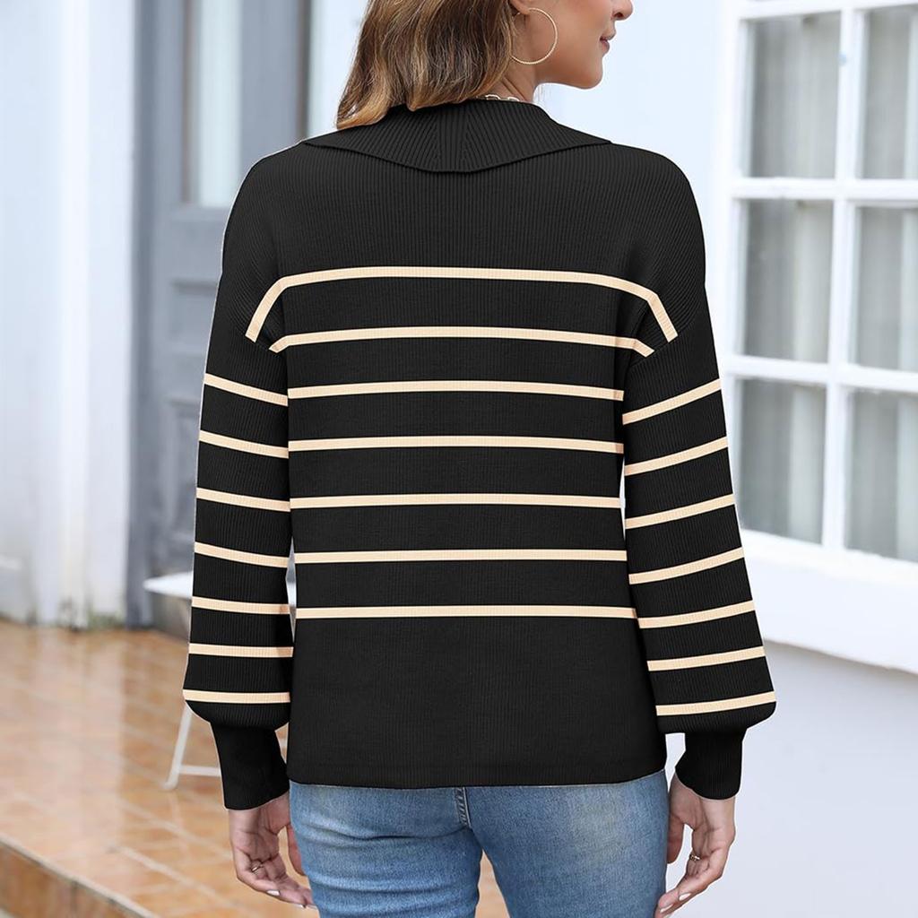 Женская мода повседневный глубокий V-образный вырез свободный длинный рукав полосатый трикотажный топ