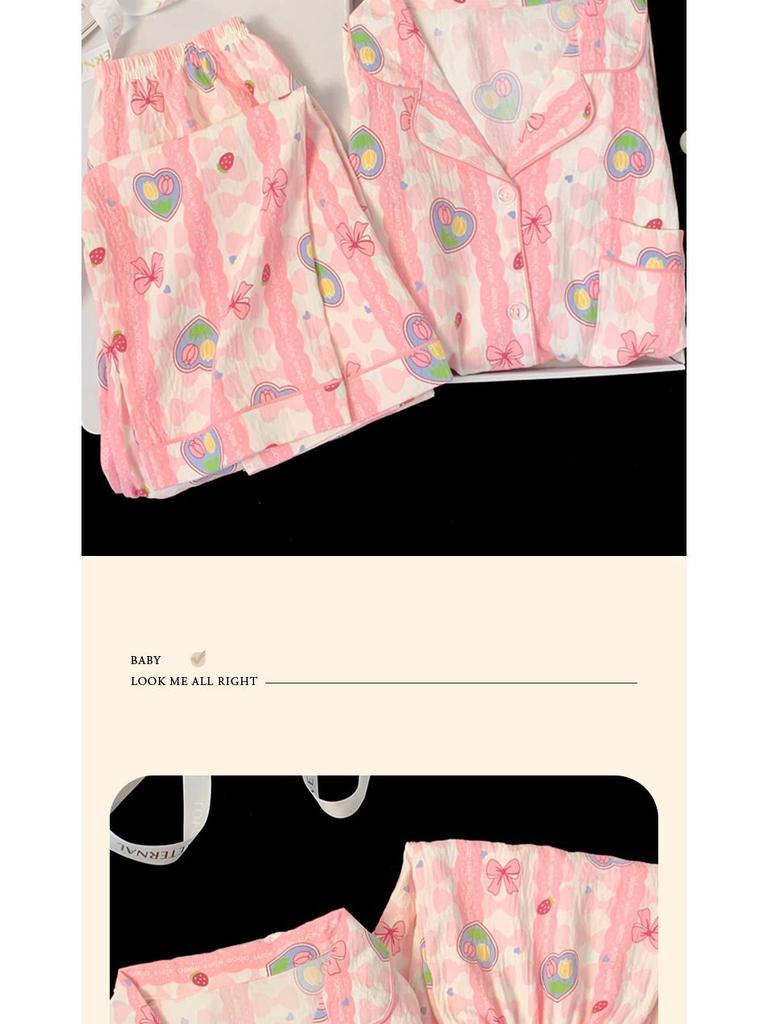 Pink Cloud Striped Long-Sleeve Pajamas: Cozy Cotton Set for Spring and Autumn.