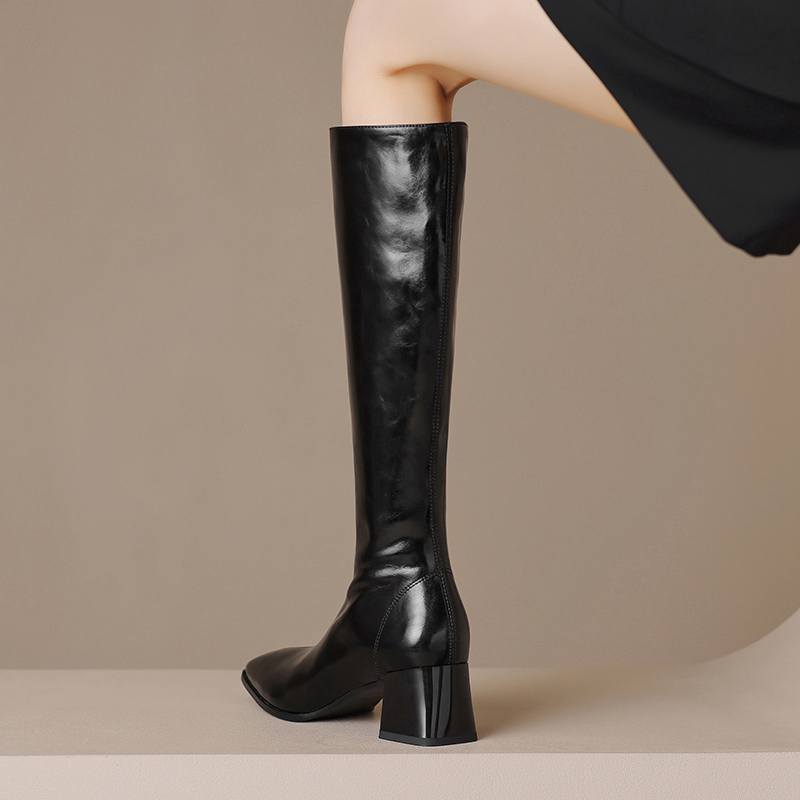 Krazing Pot Зимние сапоги из коровьей кожи с квадратным носком на толстом высоком каблуке, женские винтажные сапоги до бедра на молнии в стиле ретро