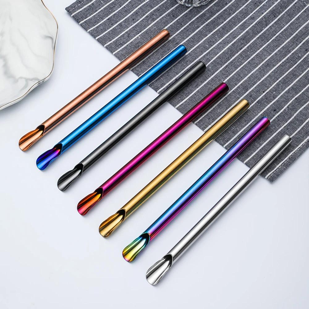 6Pcs 304 Stainless Steel Reusable Straw Set Pearl Milkshake Bubble Tea Straw with Brush Stirring Smoothie Spoon Shaped Straw Set